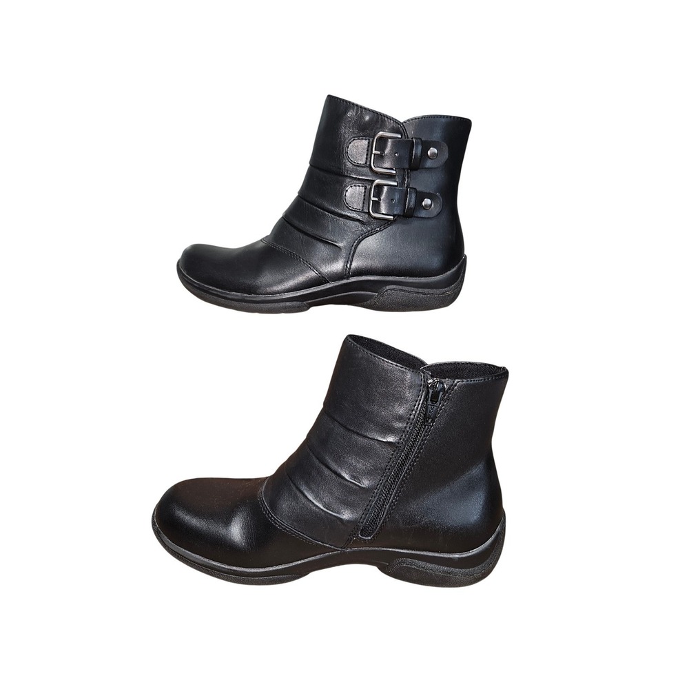 Earth Origins DeSoto Black Leather Ankle Boots Buckle‎ Zip Women's 6